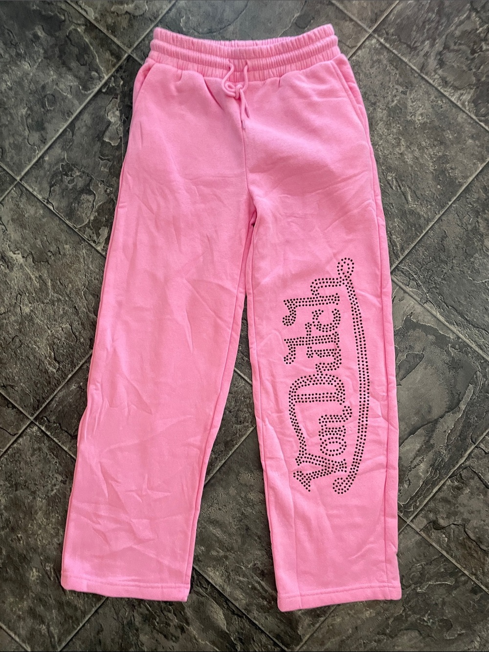 ⭐️NWOT VON DUTCH Barbie Pink Black Rhinestone Logo Y2K Coquette Urban Sweatpants